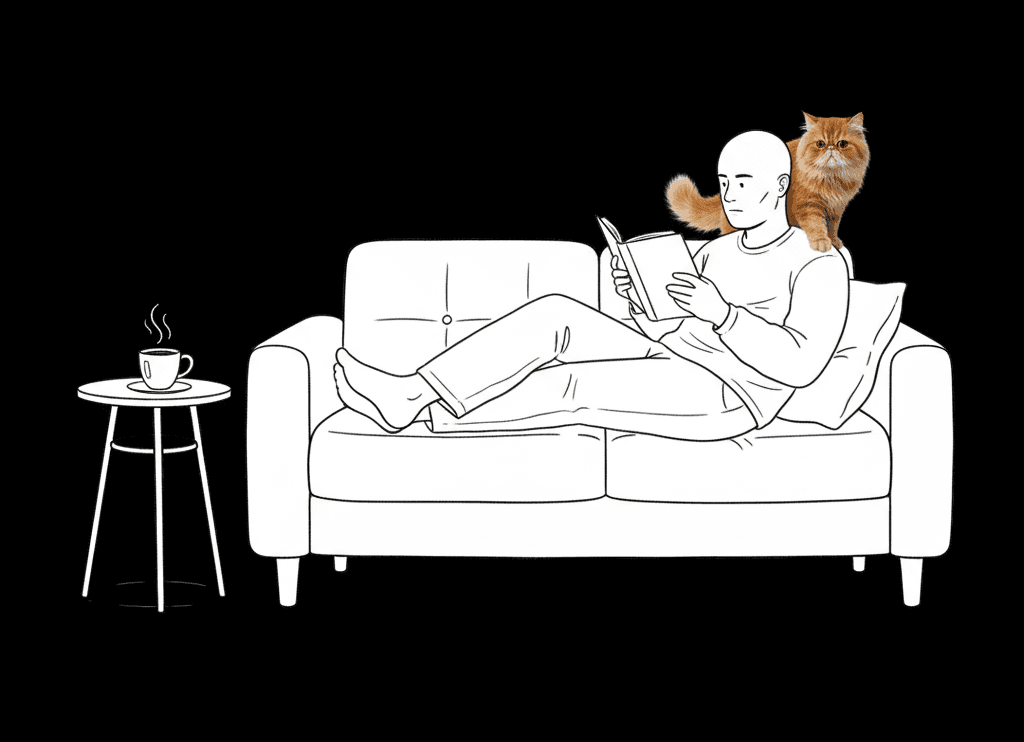 A man reading beside a cat